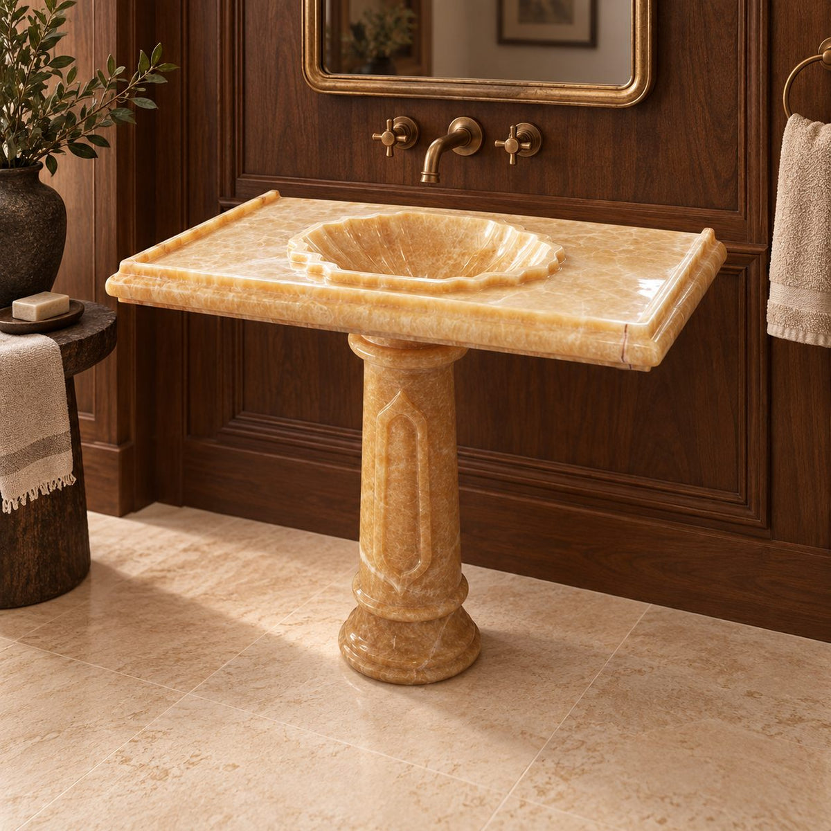 Paddy Honey Onyx Pedestal Sink — opposite room view showing the basin and full-height pedestal