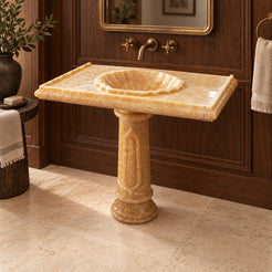 Paddy Honey Onyx Pedestal Sink — opposite room view showing the basin and full-height pedestal