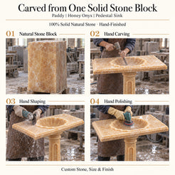 Paddy Honey Onyx Pedestal Sink carved from one solid natural stone block with hand carving, shaping and polishing