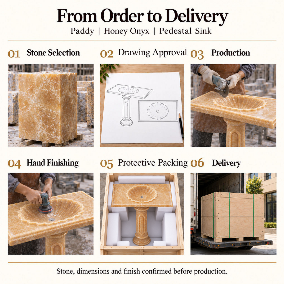 Paddy Honey Onyx Pedestal Sink order process from stone selection and drawing approval to production, hand finishing, protective packing and delivery