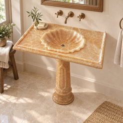 Paddy Honey Onyx Pedestal Sink — high three-quarter bathroom lifestyle