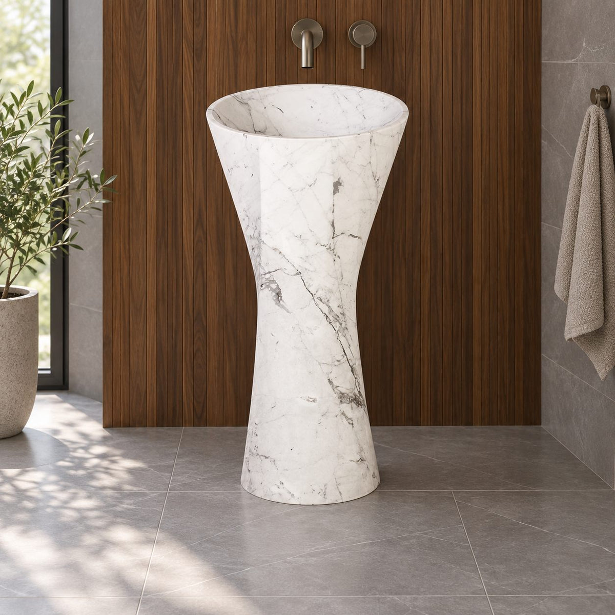 Pahara Carrara White Marble Pedestal Sink — opposite room view showing the basin and full-height pedestal