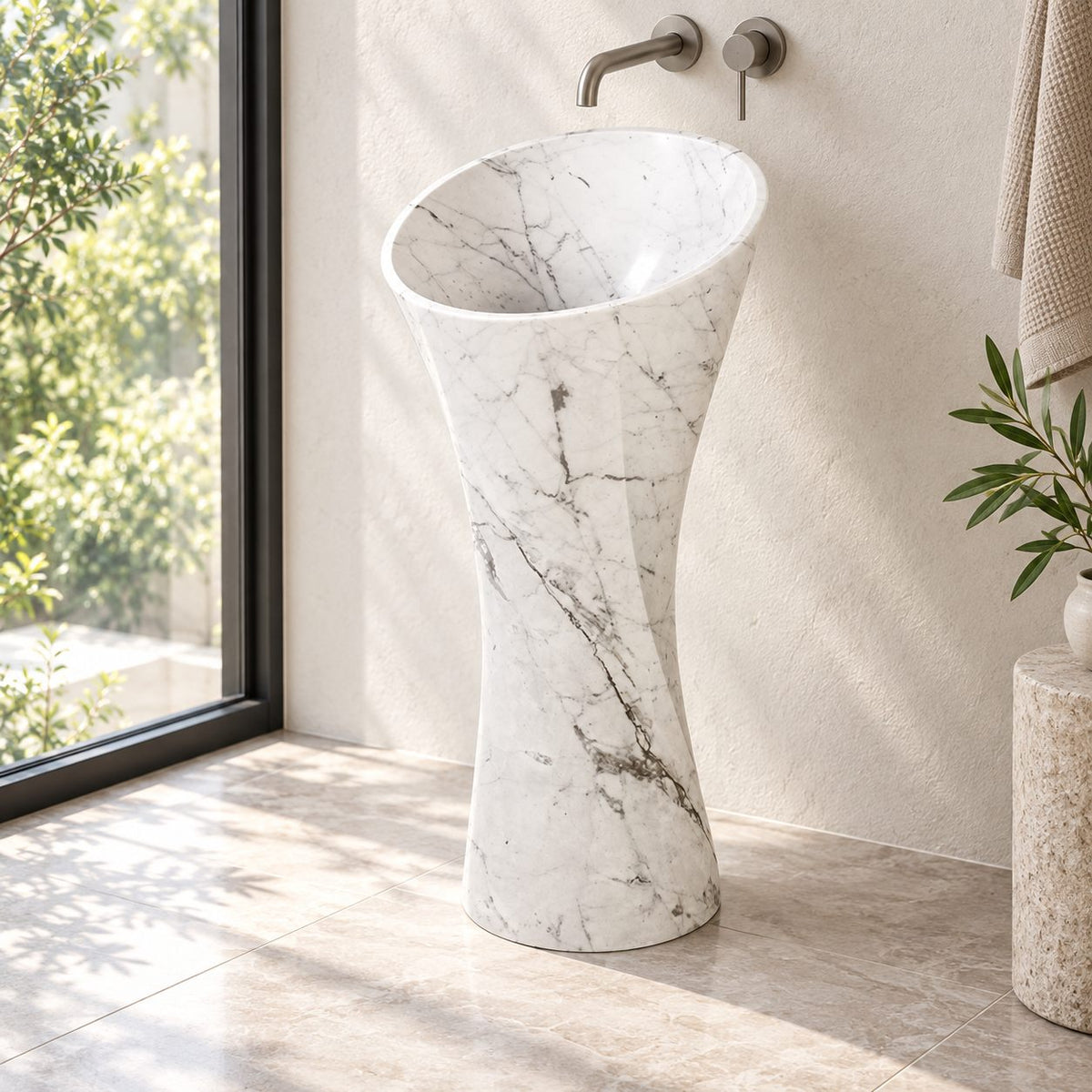 Pahara Carrara White Marble Pedestal Sink — daylight setting showing the complete pedestal form