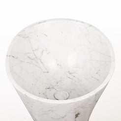 Pahara Carrara White Marble Pedestal Sink — original basin view showing the rim, interior and drain area