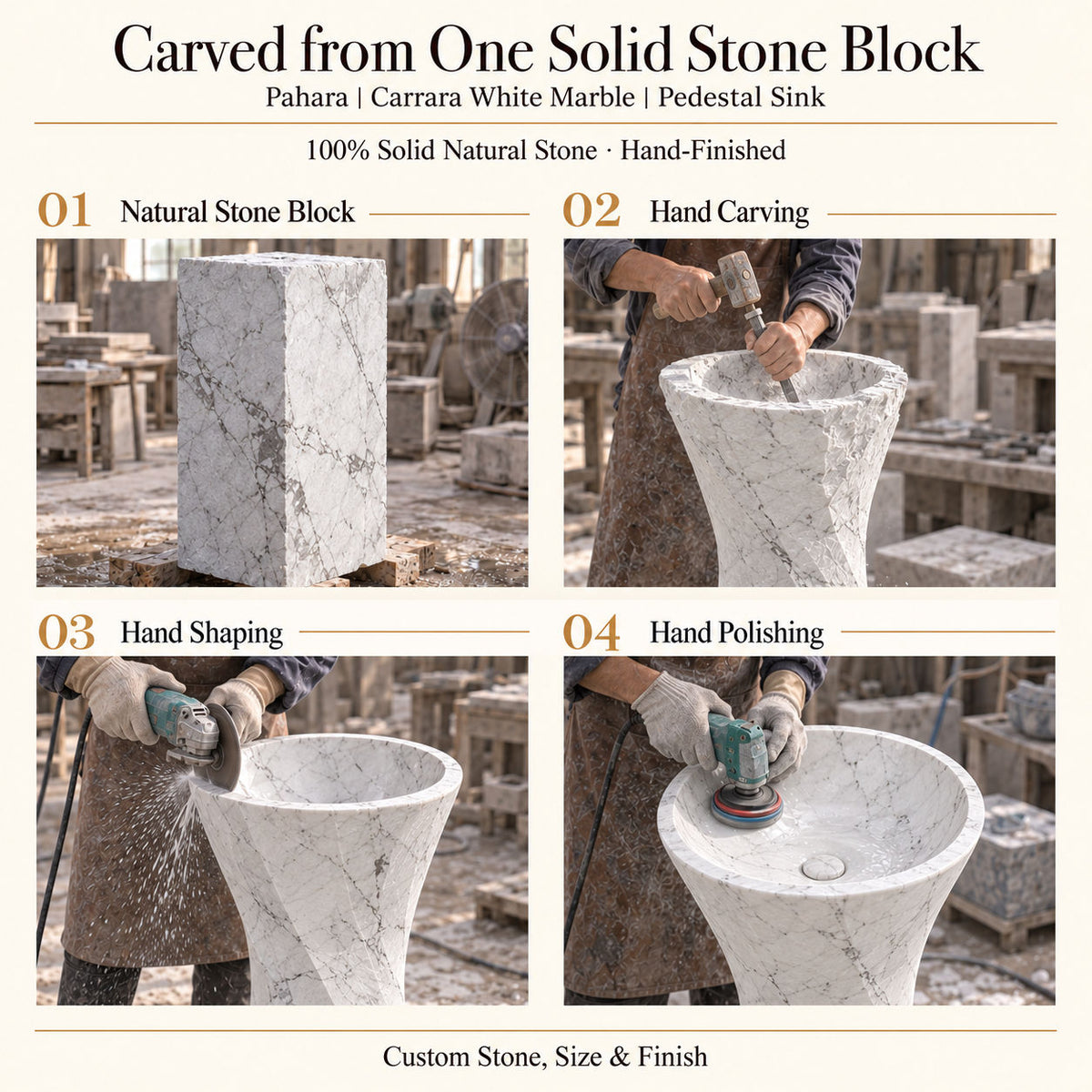 Pahara Carrara White Marble Pedestal Sink carved from one solid natural stone block with hand carving, shaping and polishing