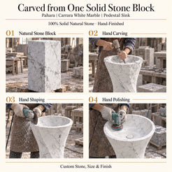 Pahara Carrara White Marble Pedestal Sink carved from one solid natural stone block with hand carving, shaping and polishing