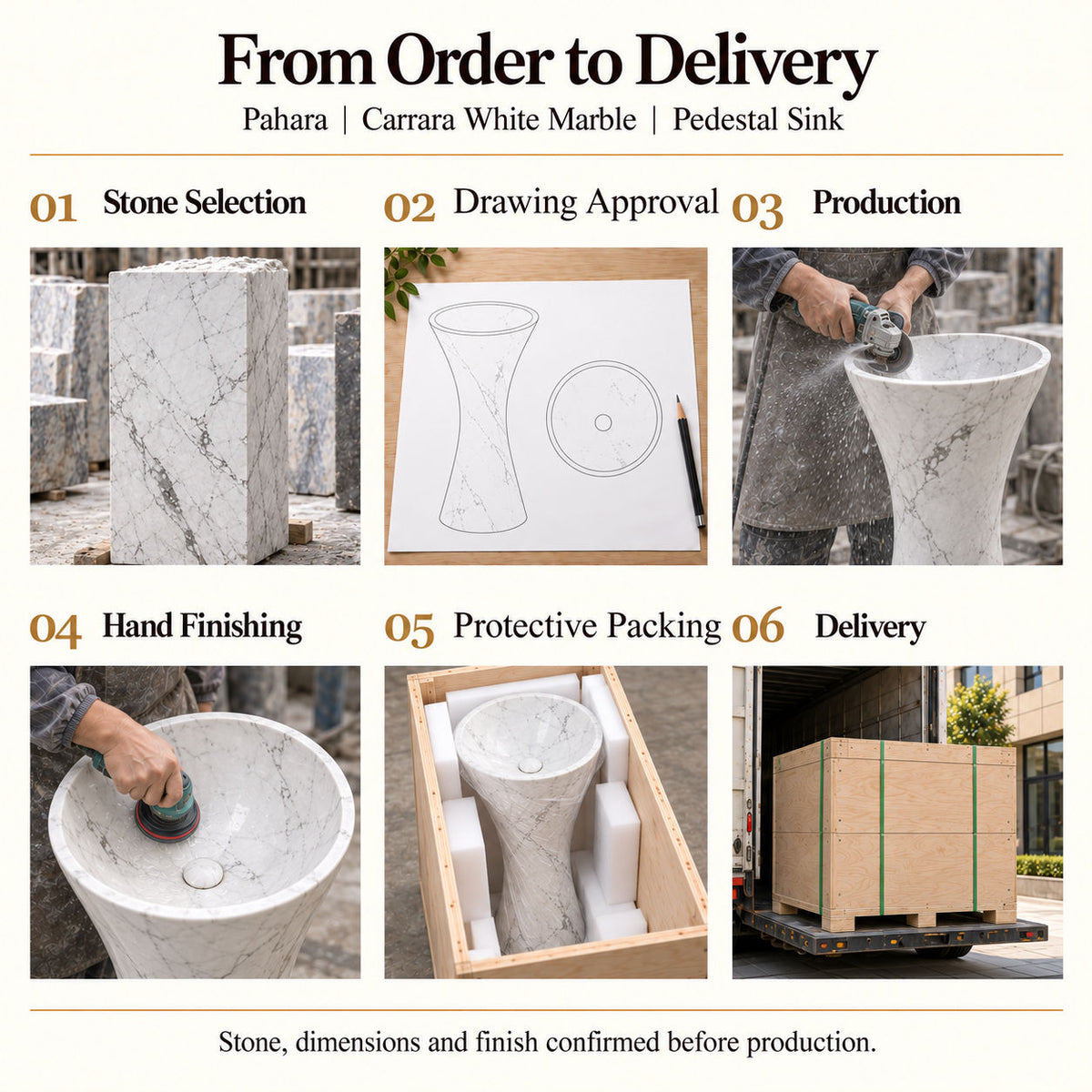Pahara Carrara White Marble Pedestal Sink order process from stone selection and drawing approval to production, hand finishing, protective packing and delivery