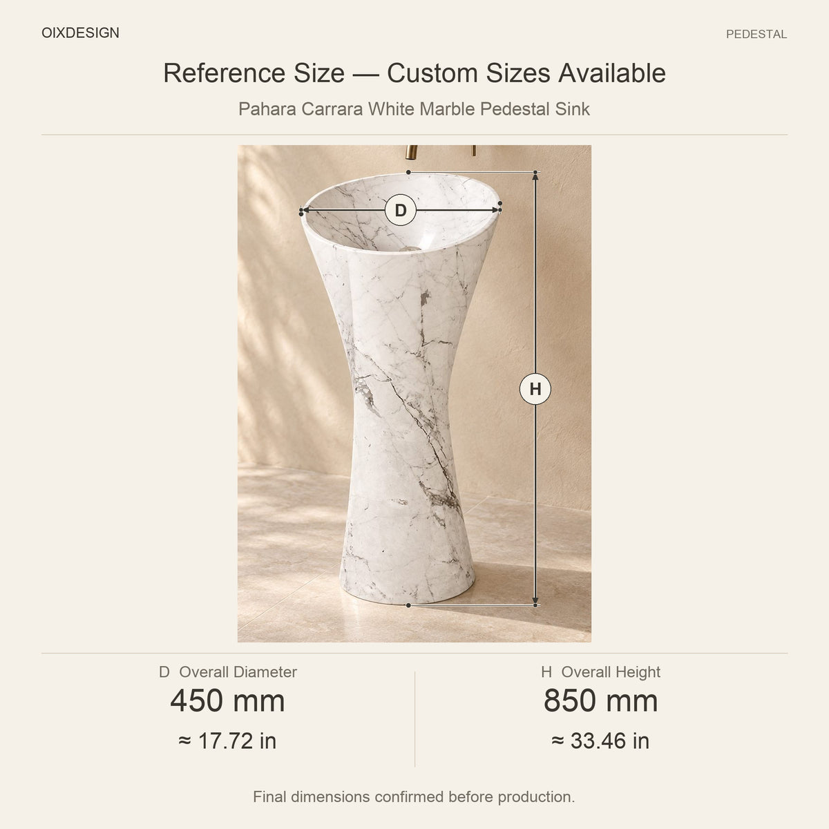 Pahara Carrara White Marble Pedestal Sink reference overall dimensions in millimeters and inches