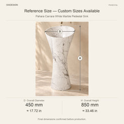 Pahara Carrara White Marble Pedestal Sink reference overall dimensions in millimeters and inches