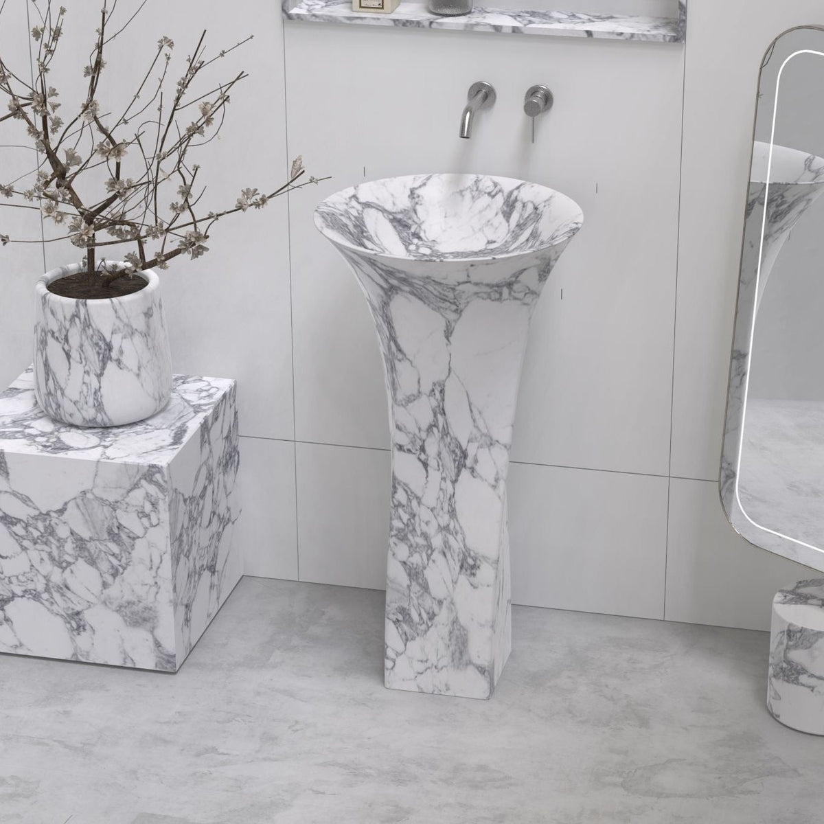 Paka Italian Arabescato Marble Pedestal Sink — complete pedestal sink from basin rim to floor base in a bathroom