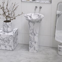 Paka Italian Arabescato Marble Pedestal Sink — complete pedestal sink from basin rim to floor base in a bathroom