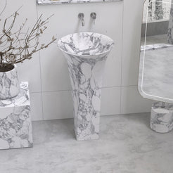 Paka Italian Arabescato Marble Pedestal Sink — alternate bathroom angle showing the full pedestal silhouette