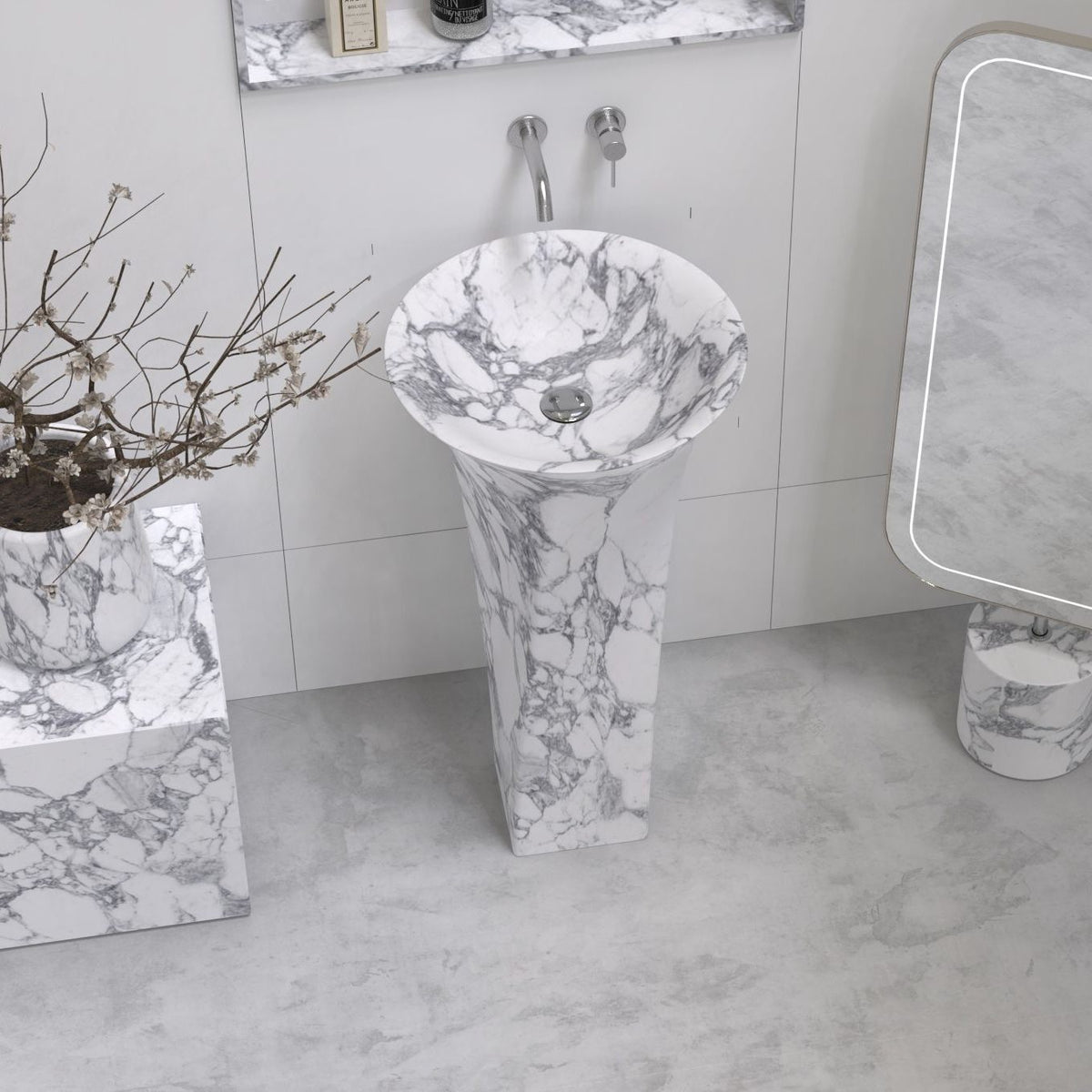 Paka Italian Arabescato Marble Pedestal Sink — basin and rim detail showing the original material