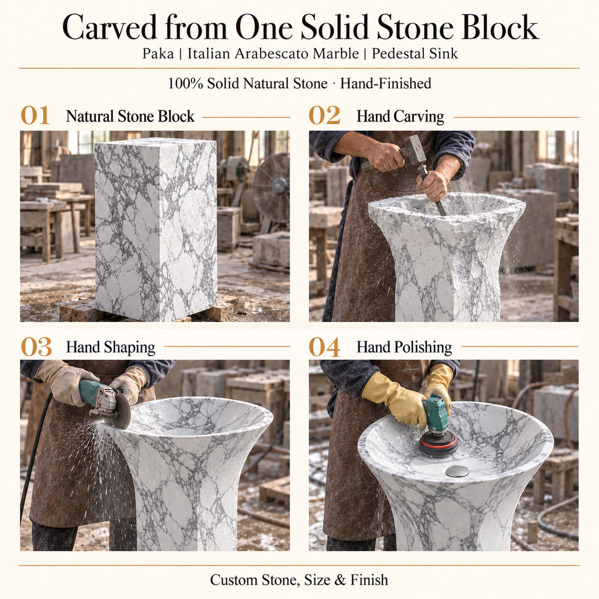 Paka Italian Arabescato Marble Pedestal Sink carved from one solid natural stone block with hand carving, shaping and polishing
