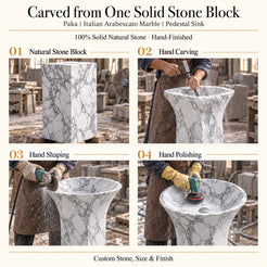 Paka Italian Arabescato Marble Pedestal Sink carved from one solid natural stone block with hand carving, shaping and polishing