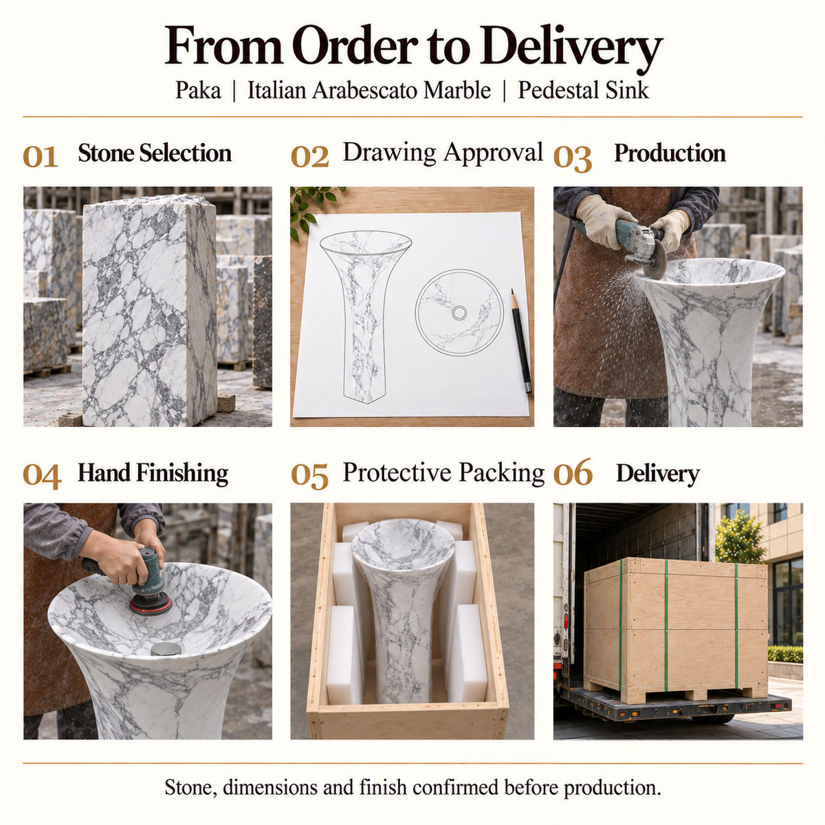 Paka Italian Arabescato Marble Pedestal Sink order process from stone selection and drawing approval to production, hand finishing, protective packing and delivery