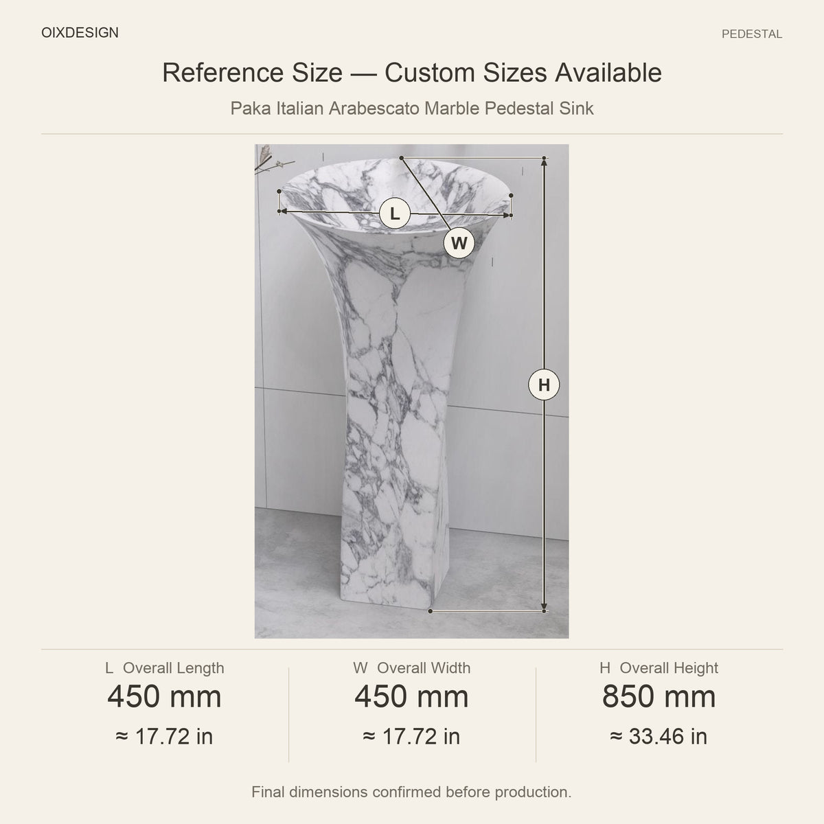 Paka Italian Arabescato Marble Pedestal Sink reference overall dimensions in millimeters and inches