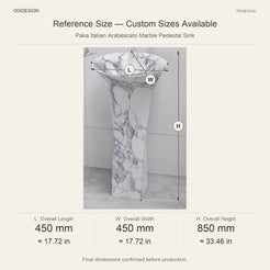 Paka Italian Arabescato Marble Pedestal Sink reference overall dimensions in millimeters and inches