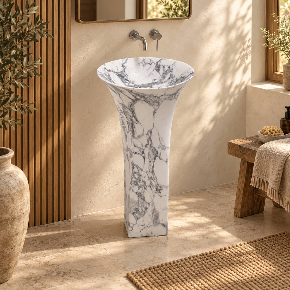 Paka Italian Arabescato Marble Pedestal Sink, full frontal view with square pedestal and flared basin in a warm oak and cream bathroom.