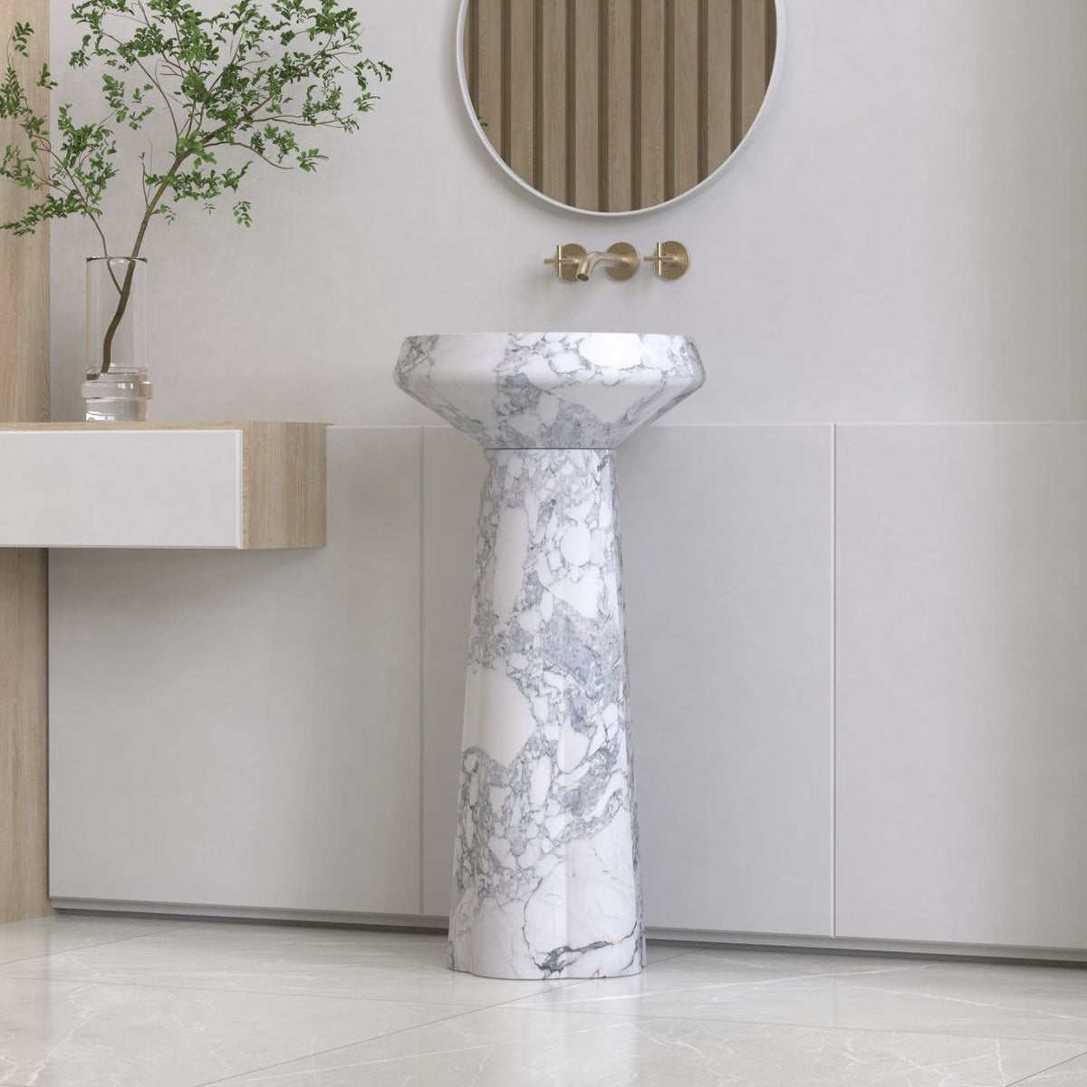 Pala Italian Arabescato Marble Pedestal Sink — complete pedestal sink from basin rim to floor base in a bathroom
