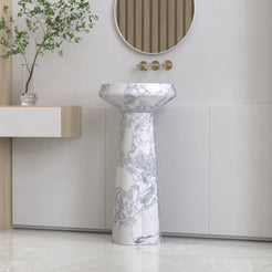 Pala Italian Arabescato Marble Pedestal Sink — complete pedestal sink from basin rim to floor base in a bathroom