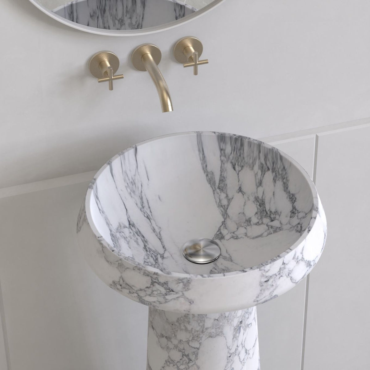 Pala Italian Arabescato Marble Pedestal Sink — basin and rim detail showing the original material