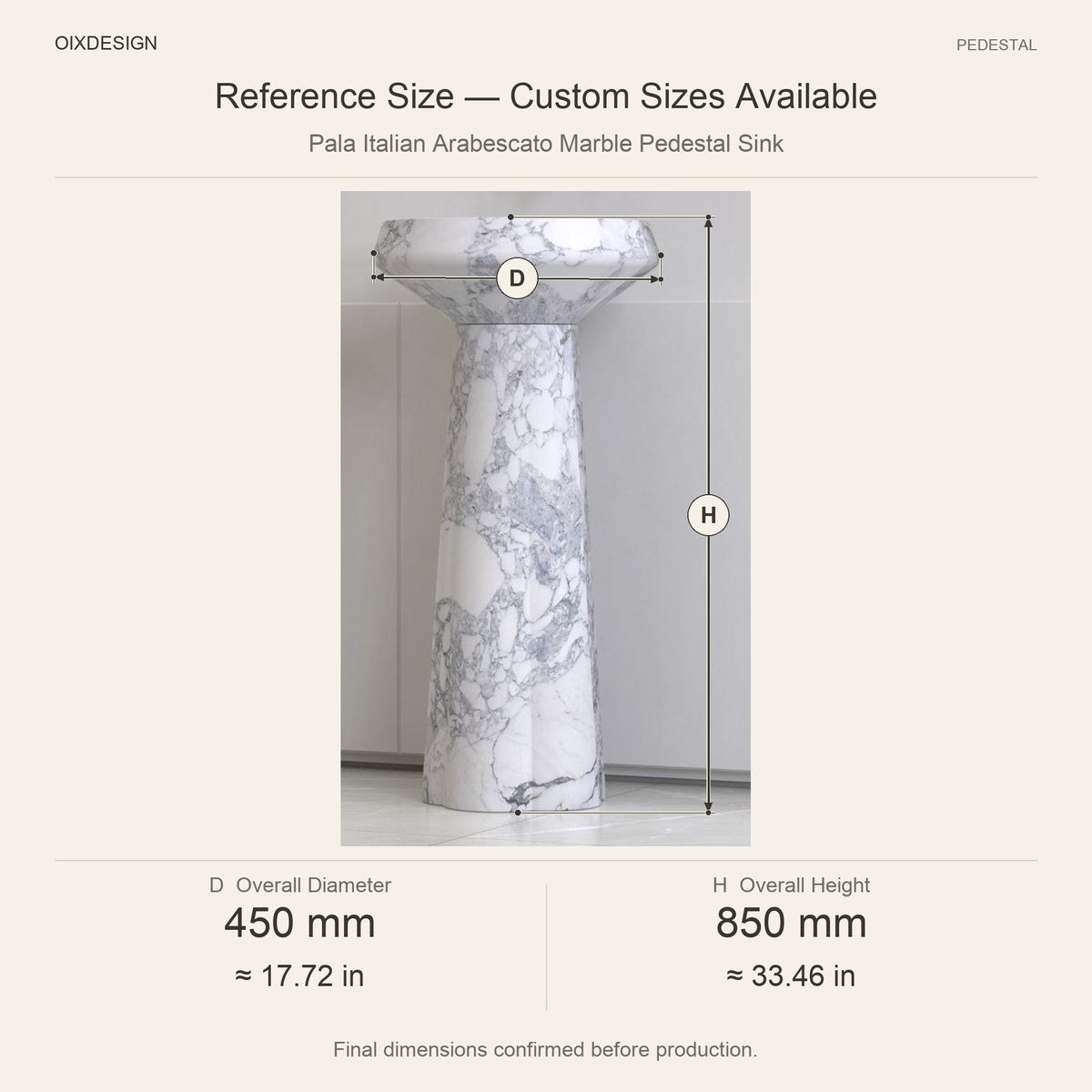 Pala Italian Arabescato Marble Pedestal Sink reference overall dimensions in millimeters and inches