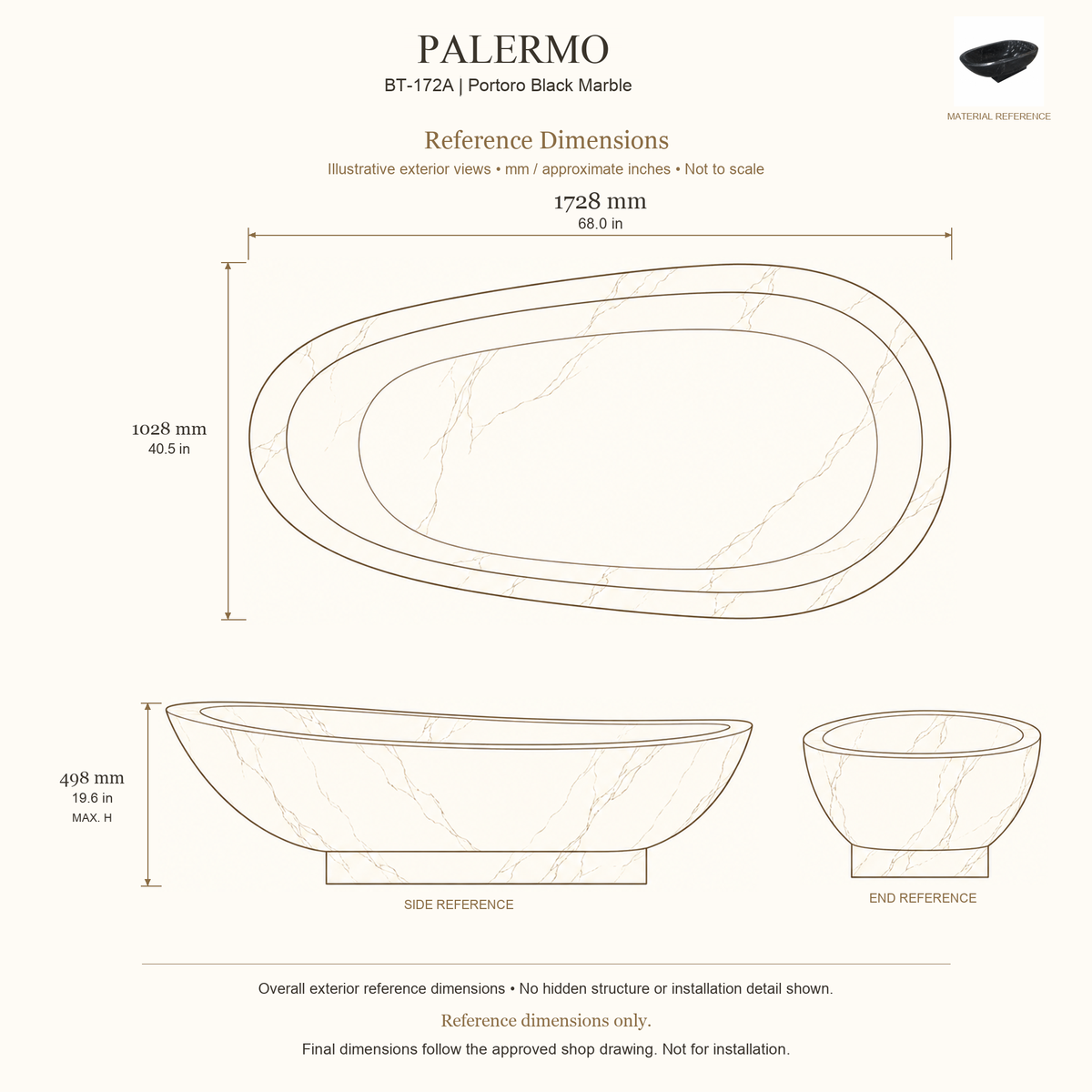 Palermo BT-172A Portoro Black Marble bathtub reference dimensions: 1728 × 1028 × 498 mm (L × W × maximum overall H). Source-based exterior illustration; not to scale. Final dimensions follow approved shop drawing; not for installation.