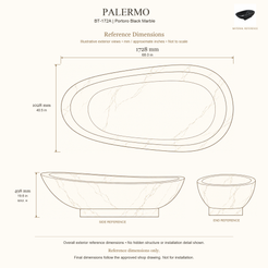 Palermo BT-172A Portoro Black Marble bathtub reference dimensions: 1728 × 1028 × 498 mm (L × W × maximum overall H). Source-based exterior illustration; not to scale. Final dimensions follow approved shop drawing; not for installation.