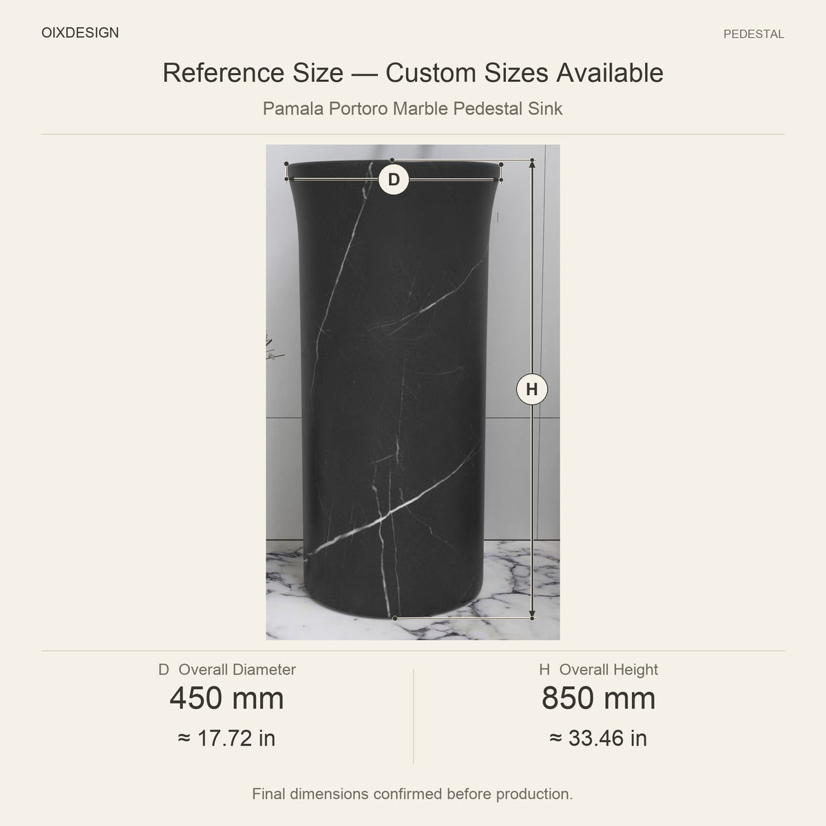 Pamala Portoro Marble Pedestal Sink reference overall dimensions in millimeters and inches