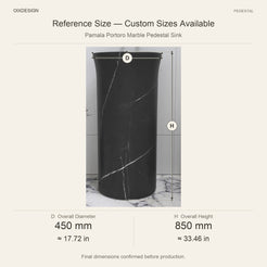 Pamala Portoro Marble Pedestal Sink reference overall dimensions in millimeters and inches