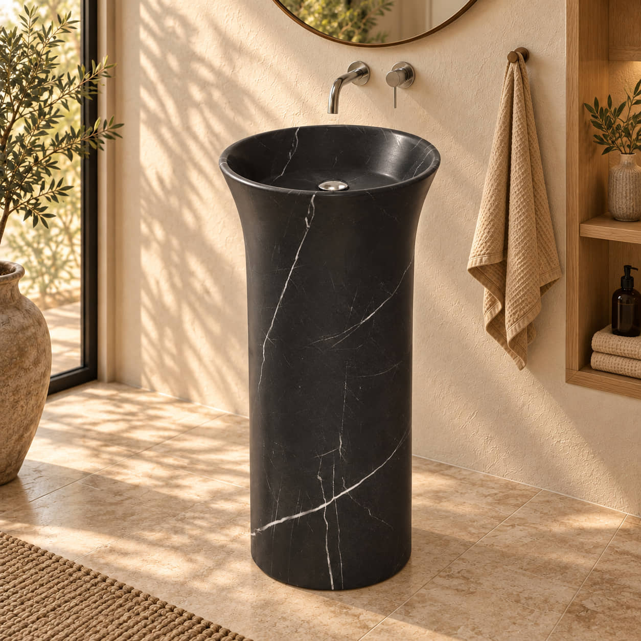 Pamala Portoro marble pedestal sink in a warm ivory and oak bathroom with natural daylight