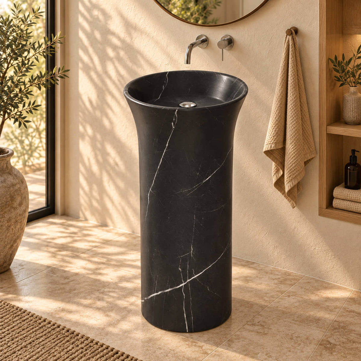 Pamala Portoro marble pedestal sink in a warm ivory and oak bathroom with natural daylight
