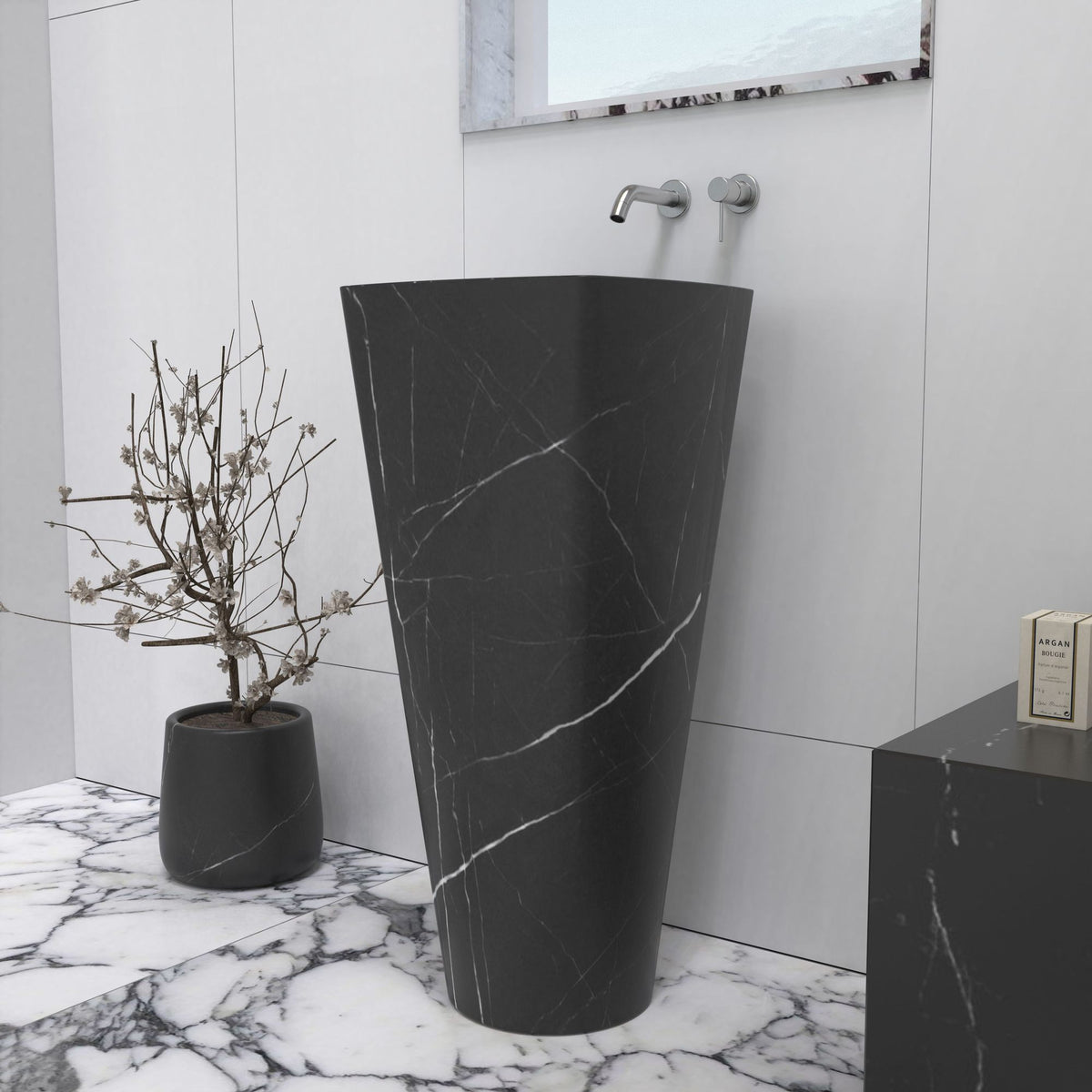 Pamina Portoro Black Marble Pedestal Sink — complete pedestal sink from basin rim to floor base in a bathroom