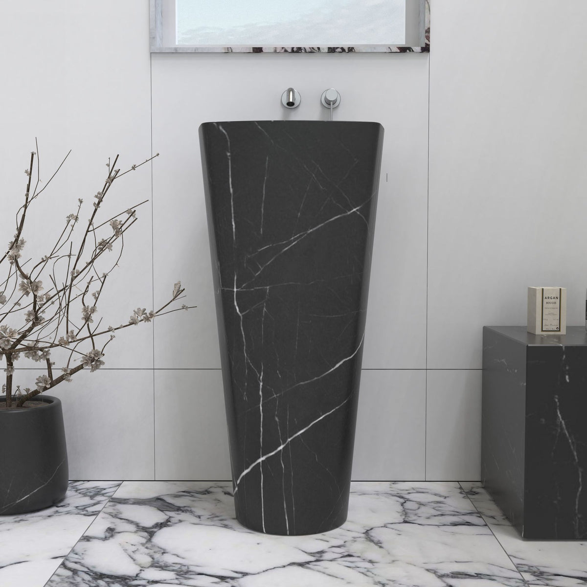 Pamina Portoro Black Marble Pedestal Sink — alternate bathroom angle showing the full pedestal silhouette