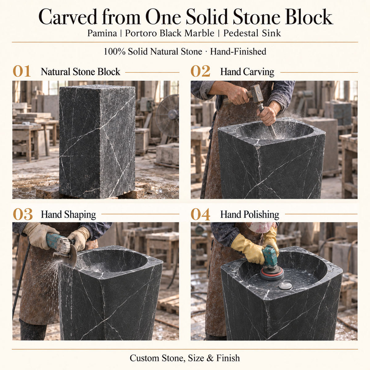 Pamina Portoro Black Marble Pedestal Sink carved from one solid natural stone block with hand carving, shaping and polishing