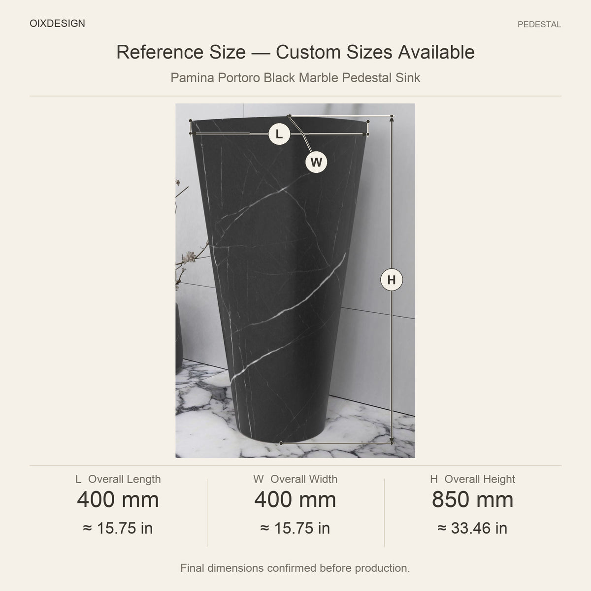 Pamina Portoro Black Marble Pedestal Sink reference overall dimensions in millimeters and inches