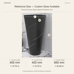 Pamina Portoro Black Marble Pedestal Sink reference overall dimensions in millimeters and inches