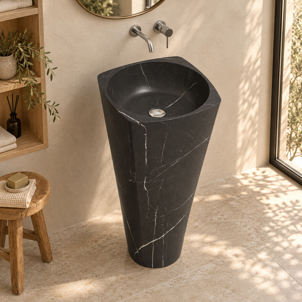 Pamina Portoro black marble pedestal sink in a warm ivory bathroom with oak niche from a three quarter view
