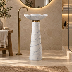 Pania Carrara White Marble Pedestal Sink — low frontal bathroom lifestyle