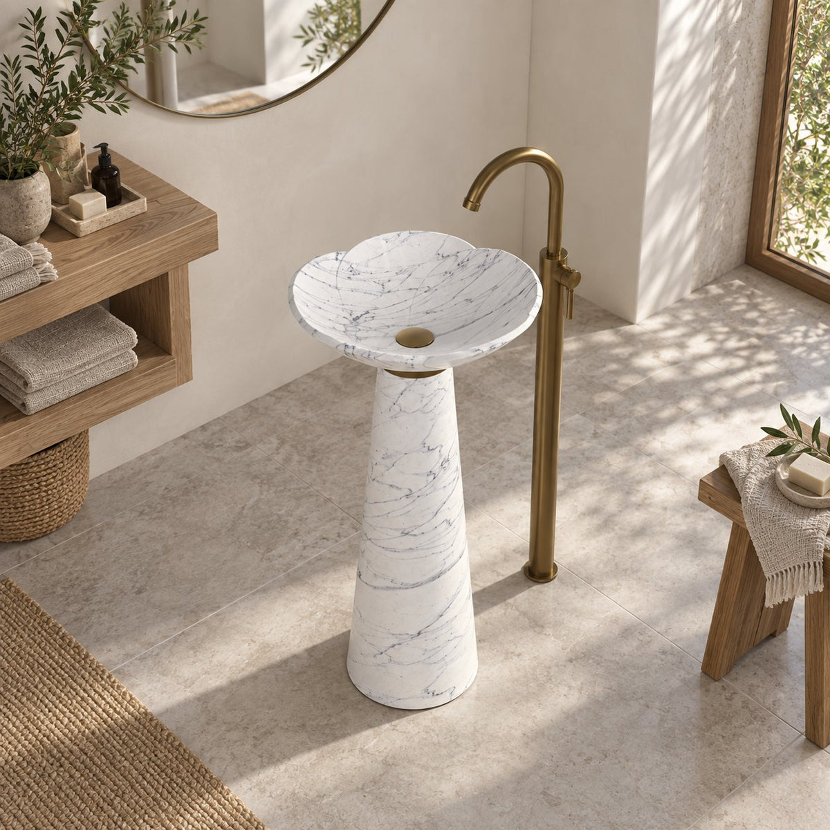 Pania Carrara White Marble Pedestal Sink — high opposite three-quarter bathroom lifestyle