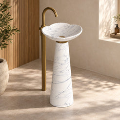 Pania Carrara White Marble Pedestal Sink — full pedestal sink in a bathroom with the projecting bowl and contrasting collar