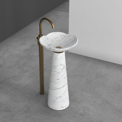 Pania Carrara White Marble Pedestal Sink — elevated room view of the bowl and complete tapered pedestal