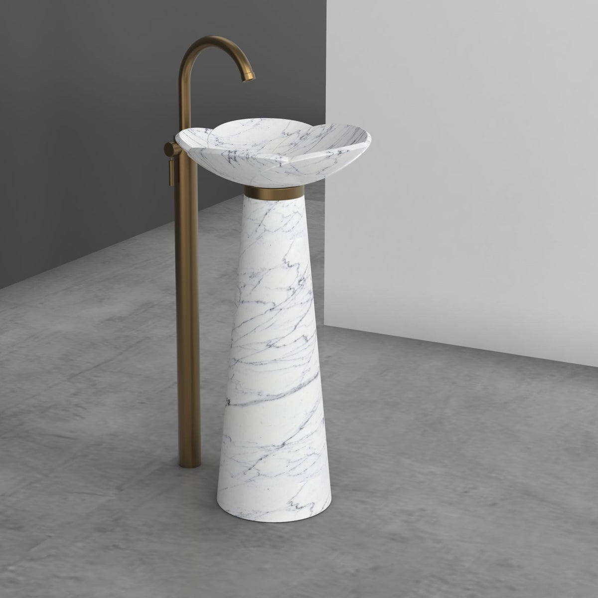 Pania Carrara White Marble Pedestal Sink — lower room view showing the thin basin rim, collar and full pedestal