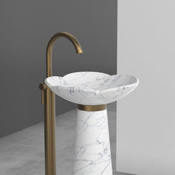 Pania Carrara White Marble Pedestal Sink — original close view of the bowl, collar and upper pedestal