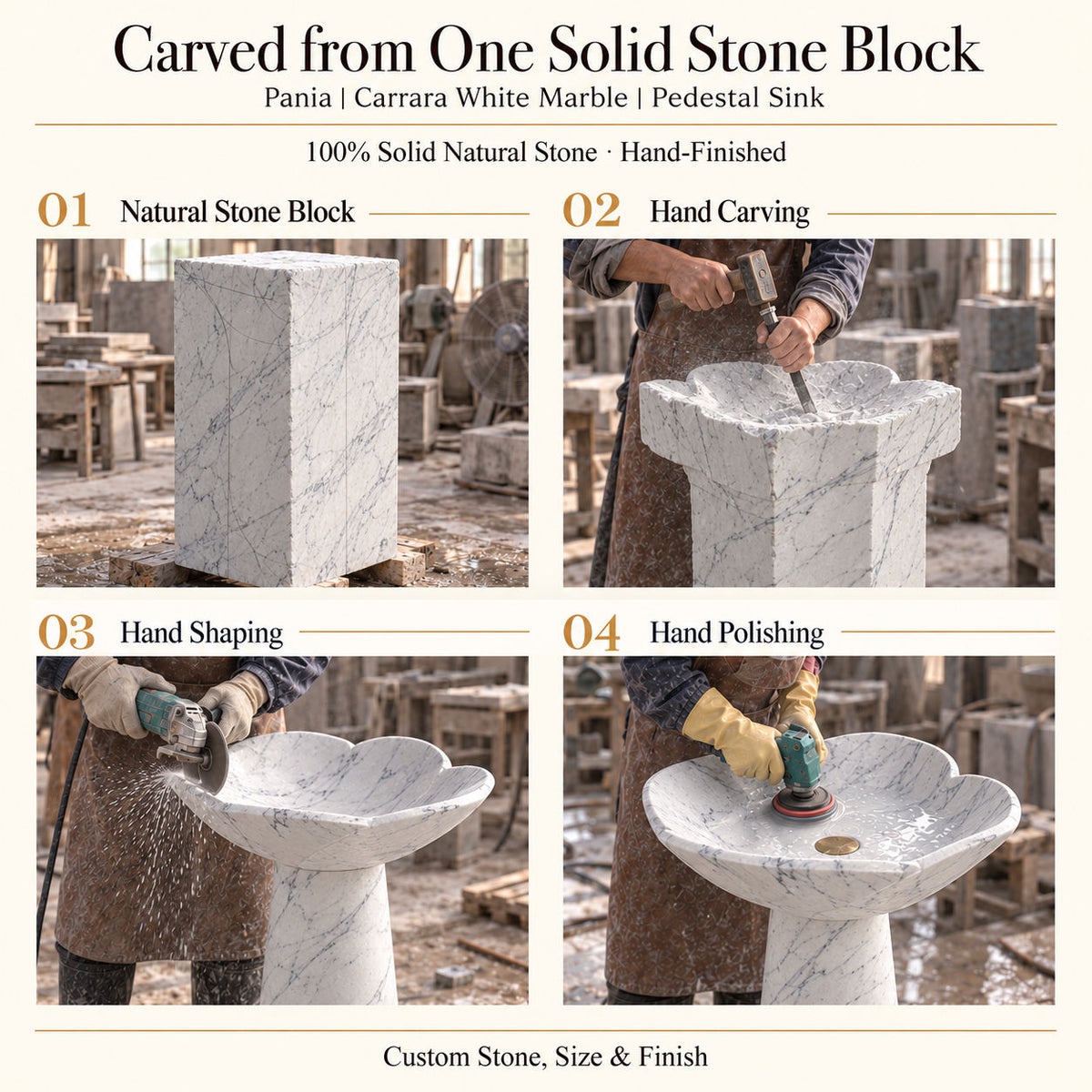 Pania Carrara White Marble Pedestal Sink carved from one solid natural stone block with hand carving, shaping and polishing