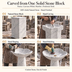 Pania Carrara White Marble Pedestal Sink carved from one solid natural stone block with hand carving, shaping and polishing