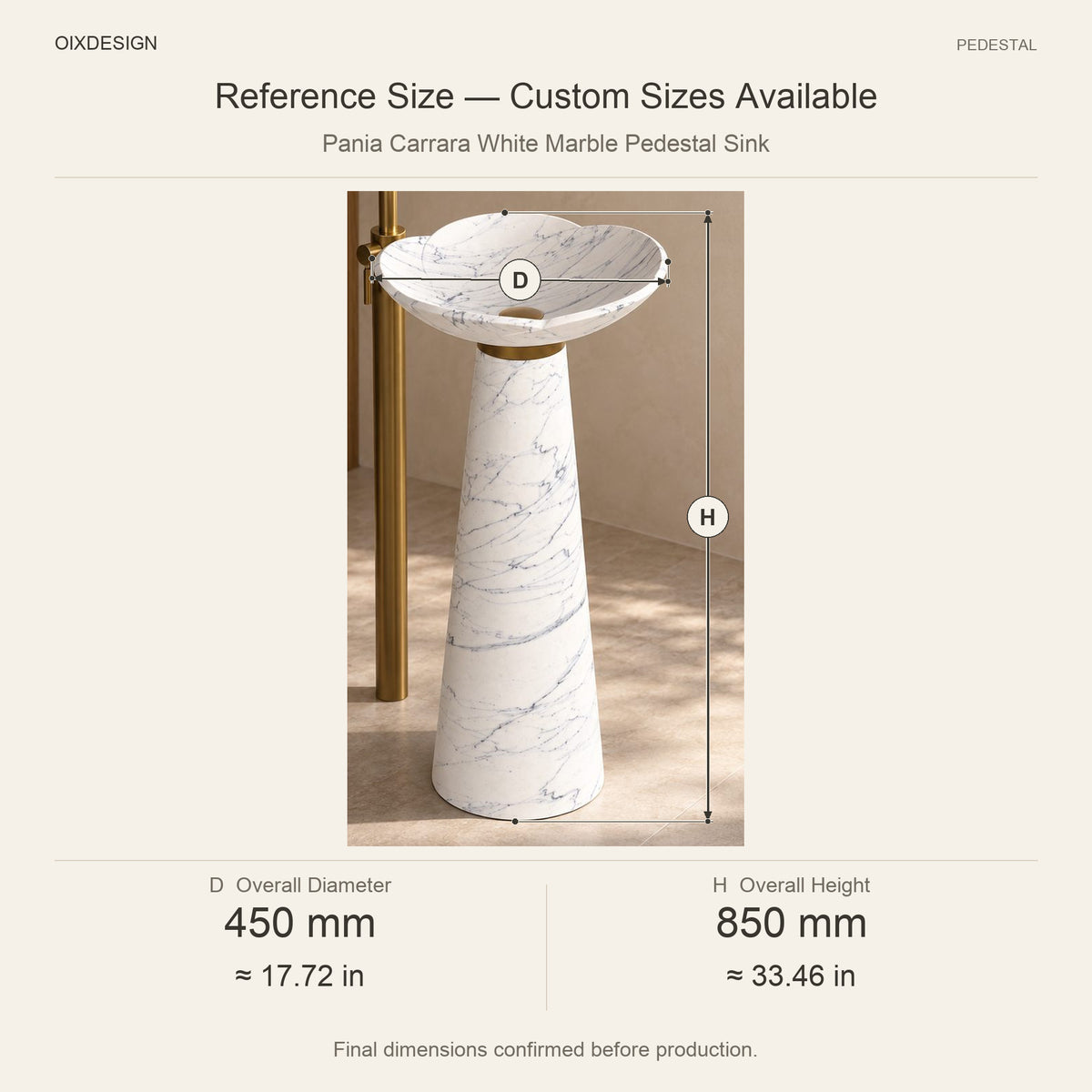 Pania Carrara White Marble Pedestal Sink reference overall dimensions in millimeters and inches