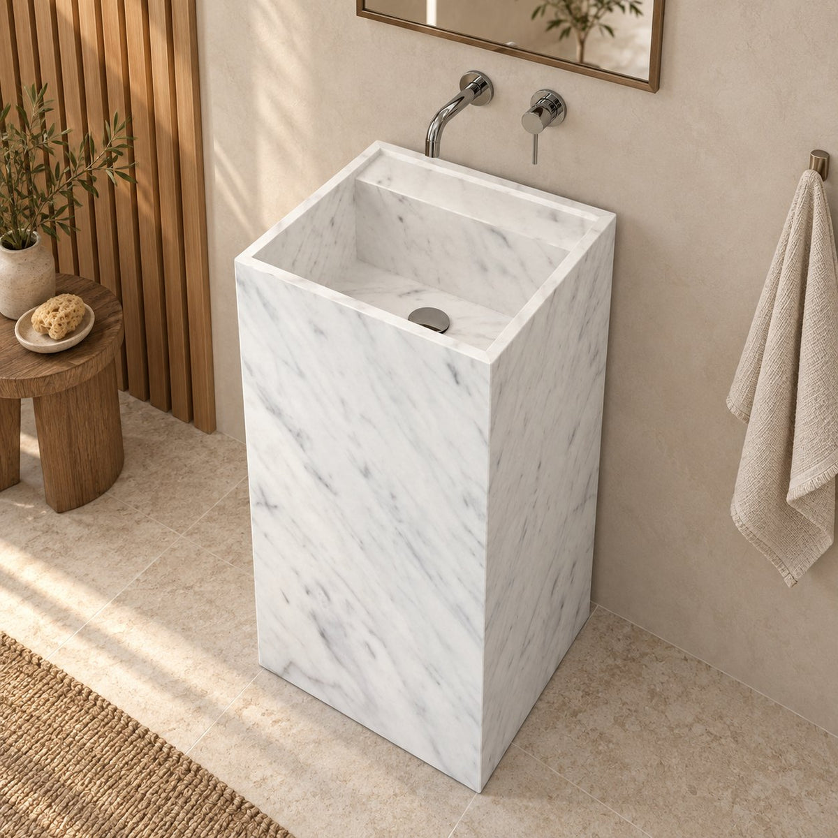 Panini Carrara Marble Pedestal Sink — high opposite-side full pedestal bathroom