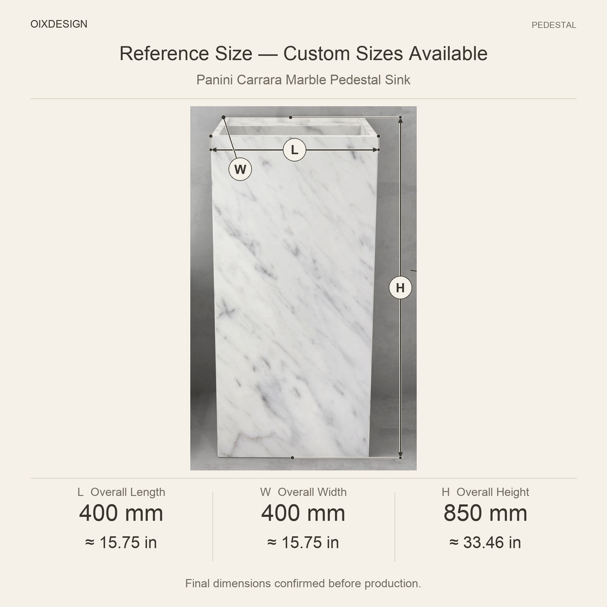Panini Carrara Marble Pedestal Sink reference overall dimensions in millimeters and inches